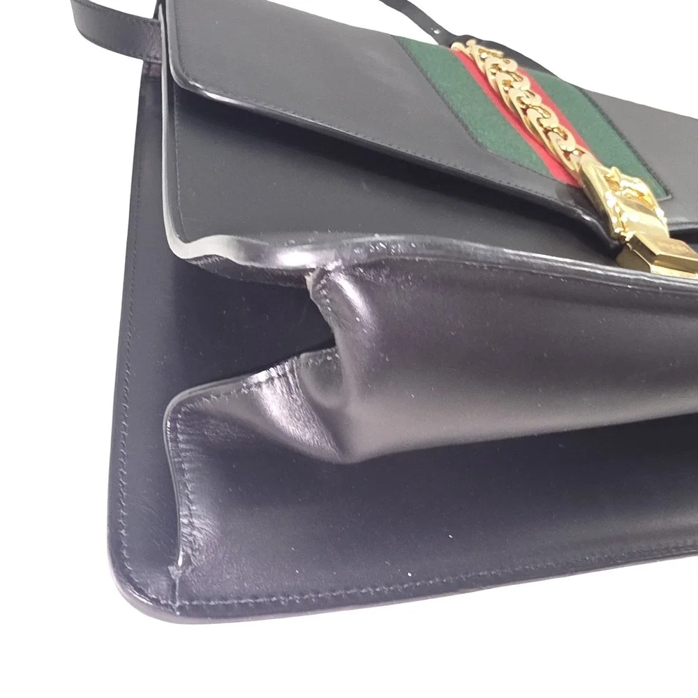 Gucci Sylvie 1969 leather handbag Maxi Size Black Striped Red Green Gold Chain
